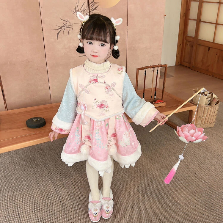 女童冬装唐装女宝宝冬款加绒加厚汉服裙儿童冬季新中式中国风棉服
