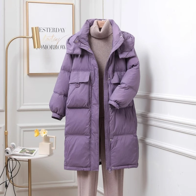 国标高品质白鸭绒  新款半粒扣中长款羽绒服女外套