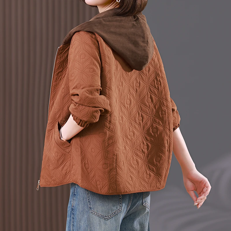 春秋款休闲连帽大码外套短款中年妈妈上衣绣格提花短外套女