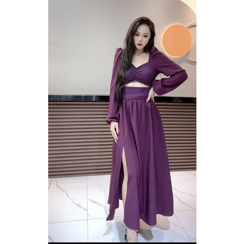 黑色方领开叉连衣裙法式小众设计长款裙子