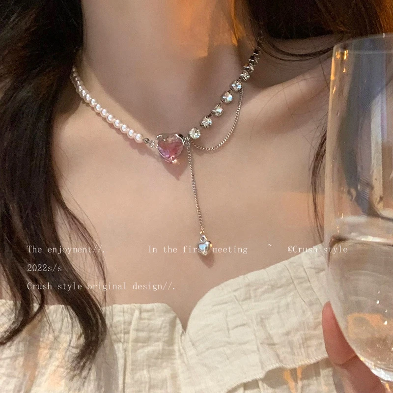 粉色爱心珠珠锆石流苏项链女生轻奢小众设计感