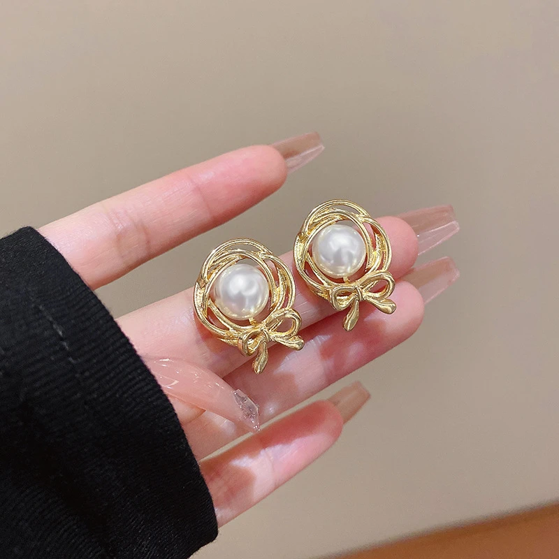 复古法式蝴蝶结珠珠耳环女简约小众设计冷淡风耳钉时尚