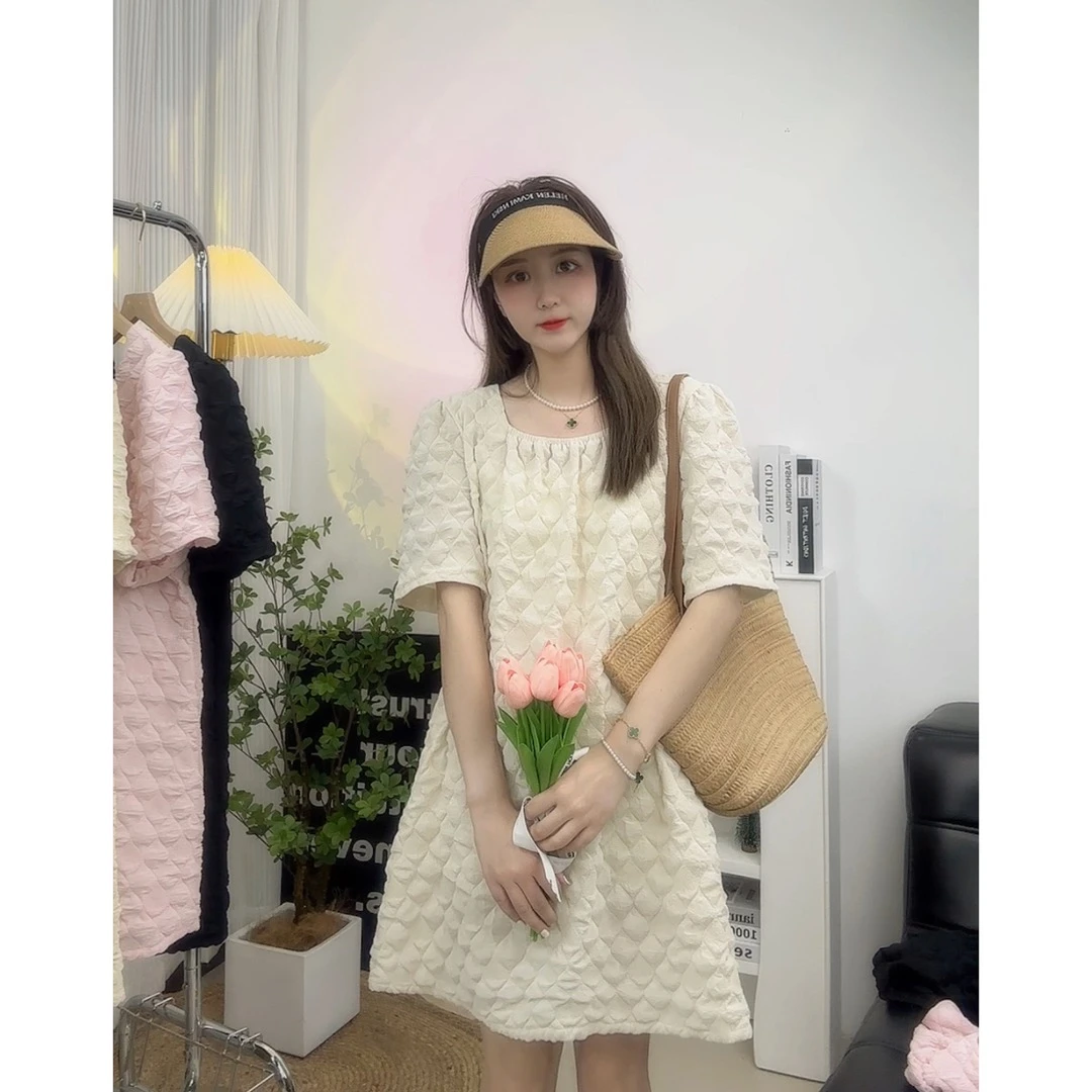 新款雪纺泡泡纱薄款连衣裙小方领可斜肩一字肩夏季新泡芙减龄洋气