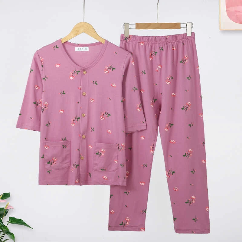 七分袖纯棉睡衣女中老年人全棉薄款休闲家居服套装妈妈开衫汗衫