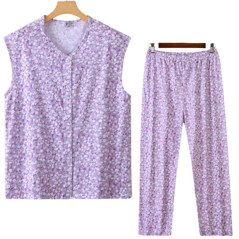 中老年人女士纯棉开衫背心宽松大码薄款睡衣家居服砍袖系扣套装夏