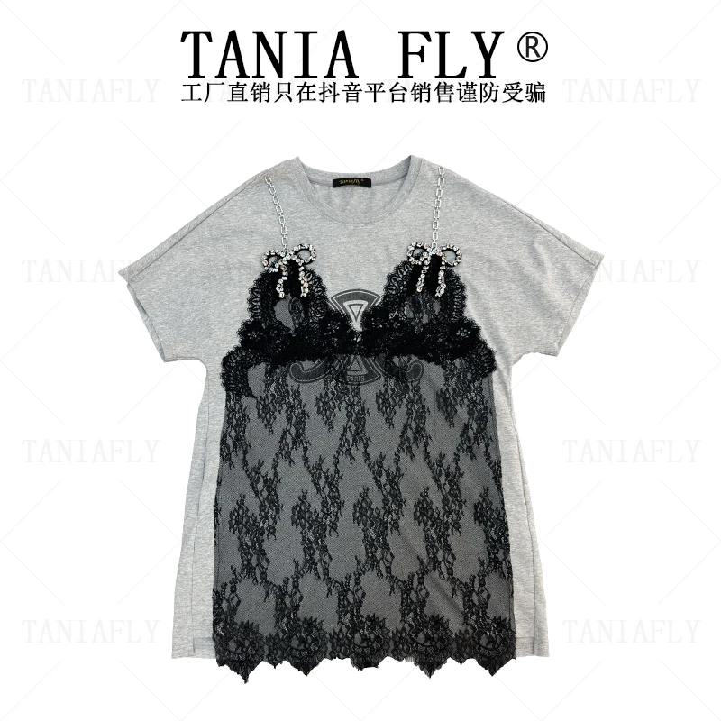 【TANAIFLY】夏季轻奢显瘦蕾丝镶钻时尚拼接小众短袖T恤5914042重工
