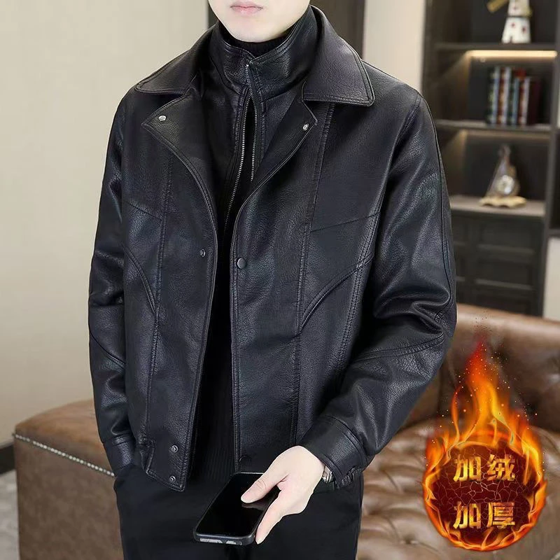2024新款假两件皮夹克男士时尚修身帅气外套休闲百搭青年皮衣男士