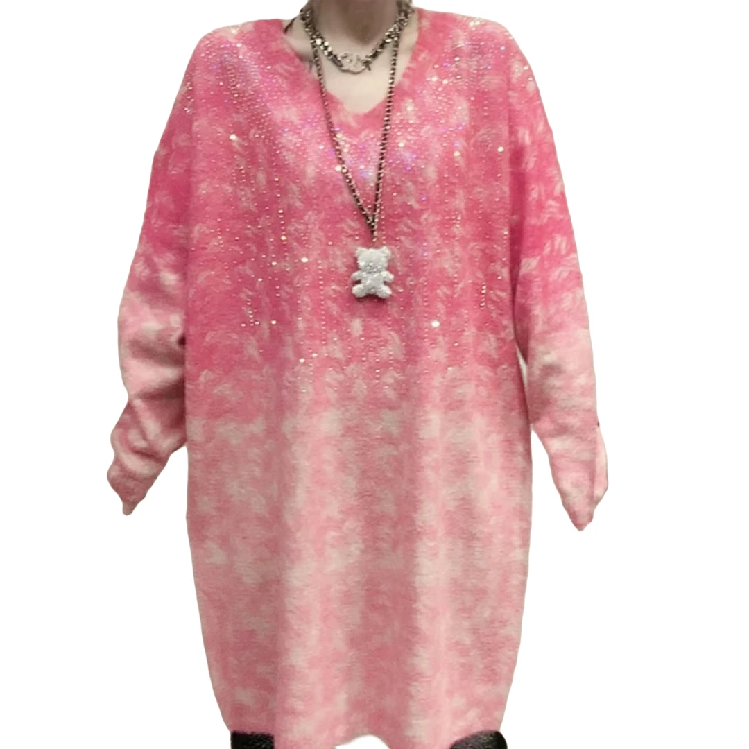 大家闺秀---V领-连衣裙2024早春新款百搭潮流烫钻V领连衣裙毛衣66