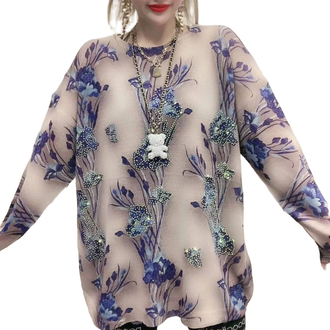 圆领毛衣【方一贝-紫气东来】2023时尚印花烫钻百搭休闲圆领上衣