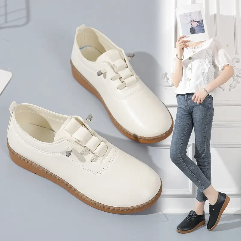 牛筋底懒人一脚蹬防水防滑防护鞋女士平底四季赛车鞋妈妈休闲皮鞋