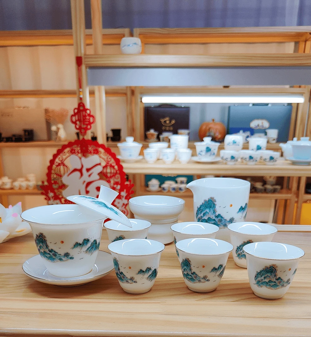 羊脂玉瓷轻舟已过万重山套装(不带礼盒)