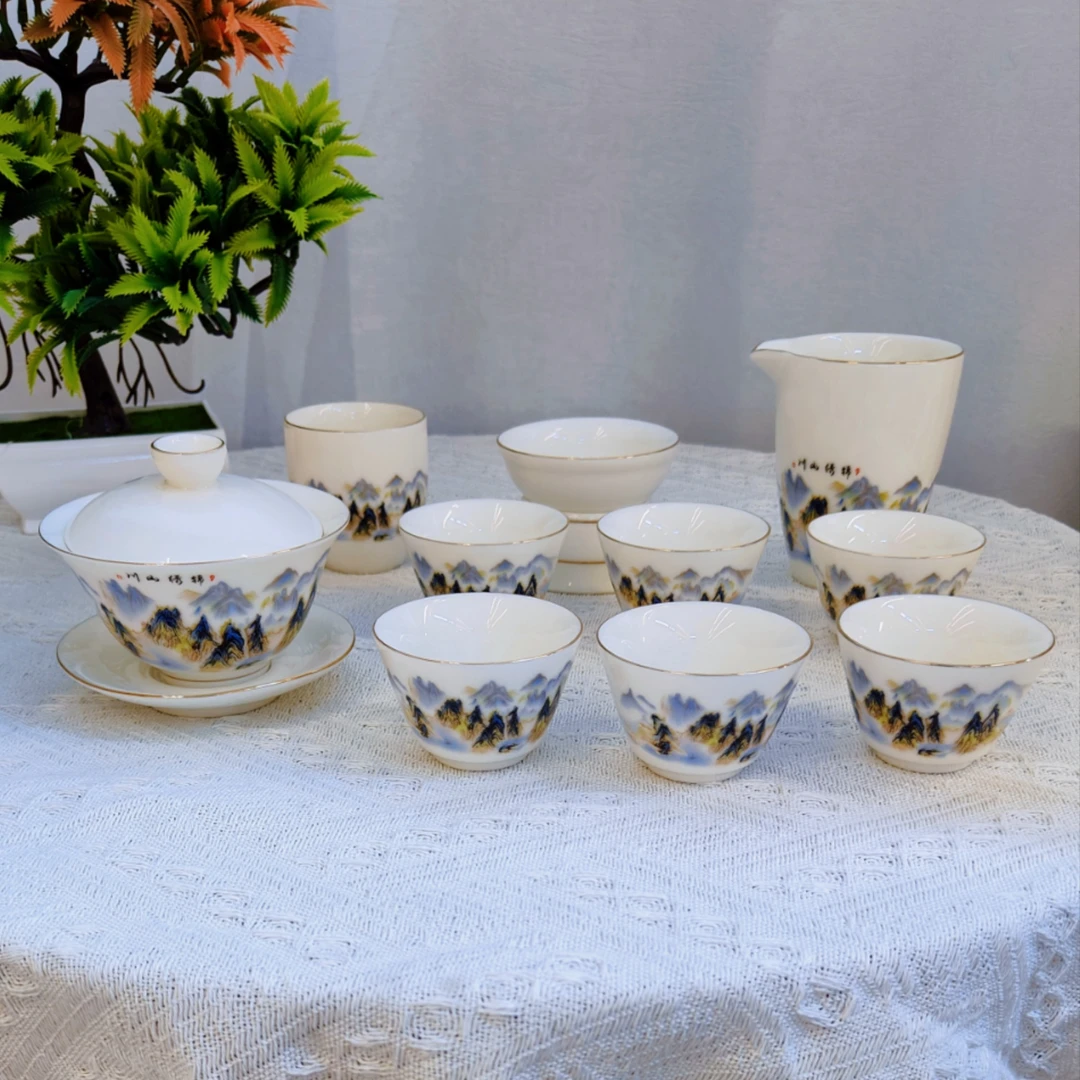 德化羊脂玉瓷  锦绣山川盖碗加壶12件套（不带礼盒）