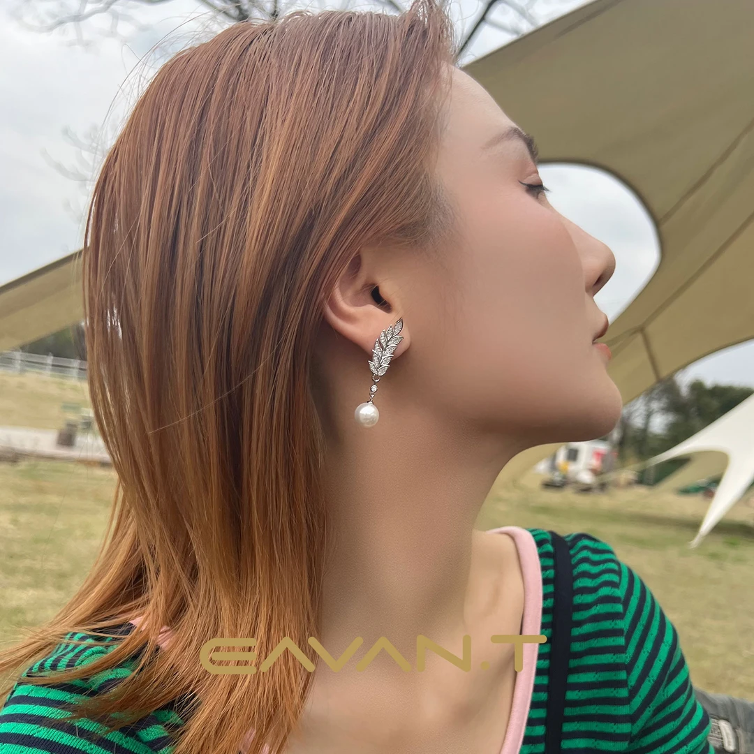 铜合金仿珍珠耳饰 Eavan.T 气质轻奢时尚树叶珍珠耳钉