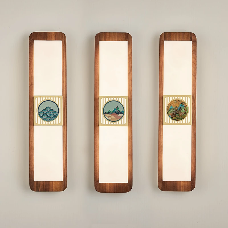 新中式黑胡桃木卧室床头灯长条全铜电视沙发背景墙灯别墅过道壁灯