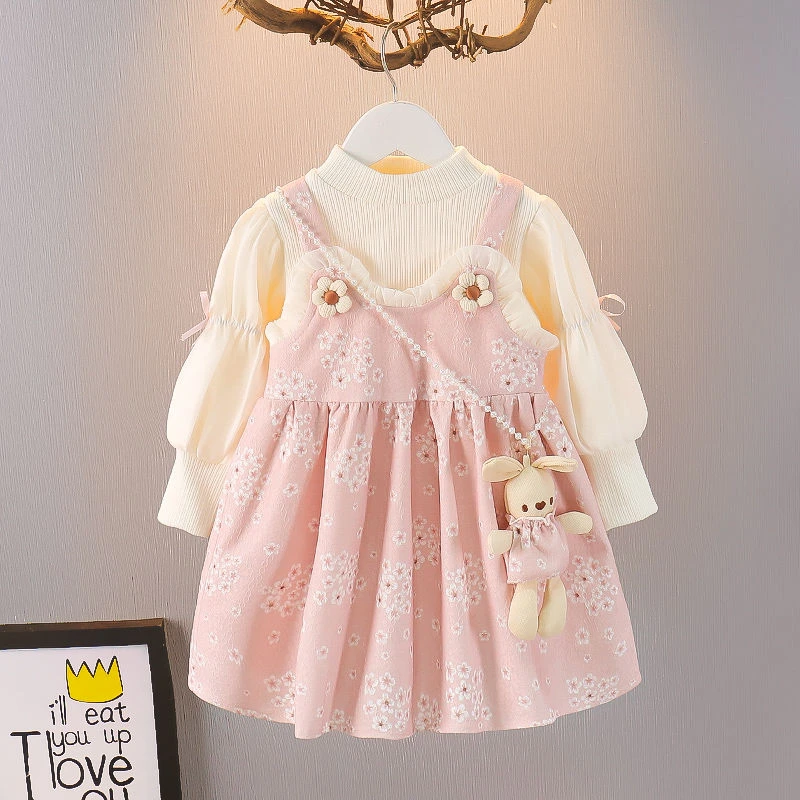 女童碎花连衣裙长袖T恤背带裙洋气春秋装