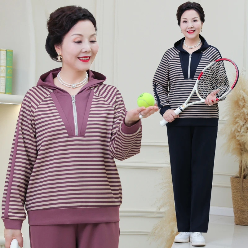 中老年人女奶奶装2024初秋季新款妈妈两件套装休闲百搭条纹卫衣服