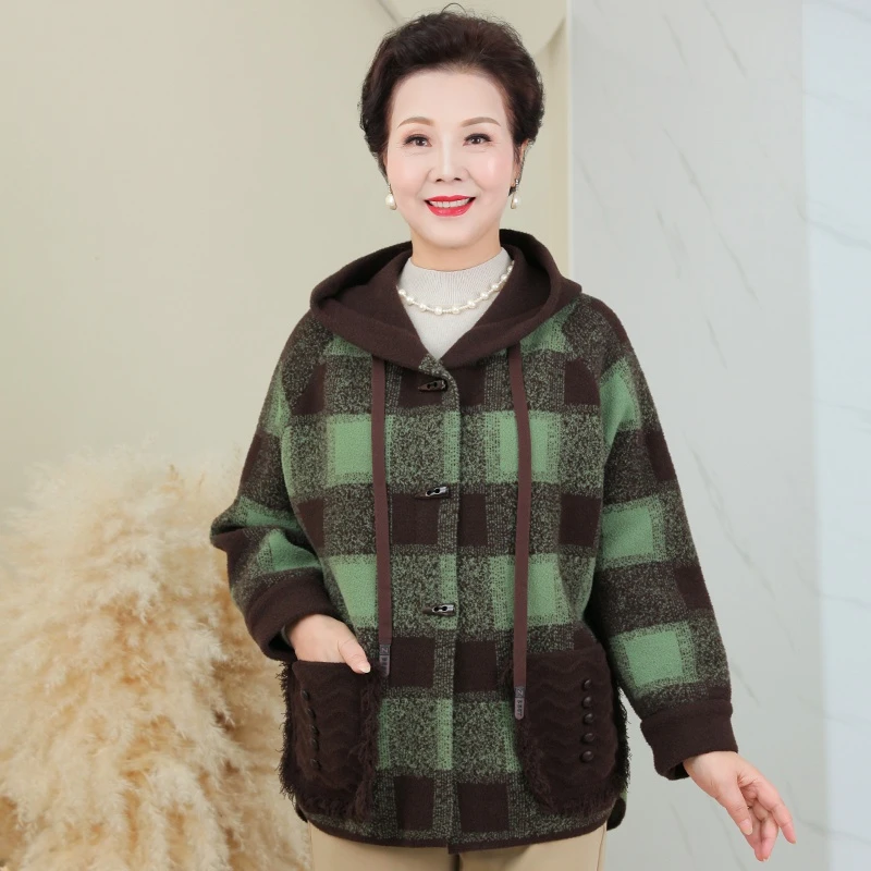 秋季新款中年毛衣厚针织外套妈妈装优雅宽松秋冬时尚上衣洋气格子