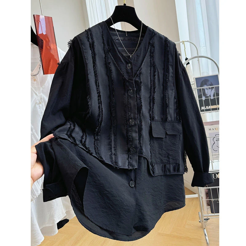 长袖衬衫女2025年春秋新款胖妹妹设计感小众假两件上衣衬衣高级感