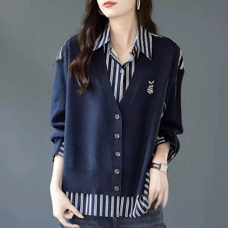 条纹衬衫女2025春秋时尚胖妹妹设计感小众针织拼接假两件上衣衬衣