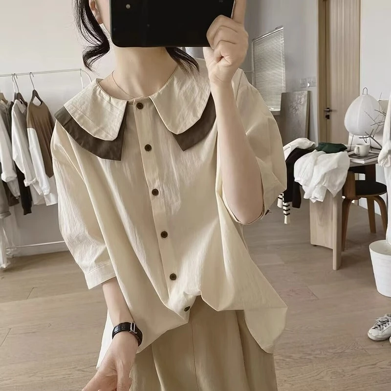 短袖衬衫女2024夏季新款小衫胖妹妹设计感小众法式娃娃领上衣衬衣