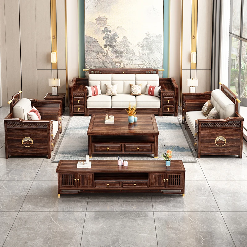 新中式乌金木实木沙发家用别墅客厅家具厚垫高箱储物冬夏两用沙发