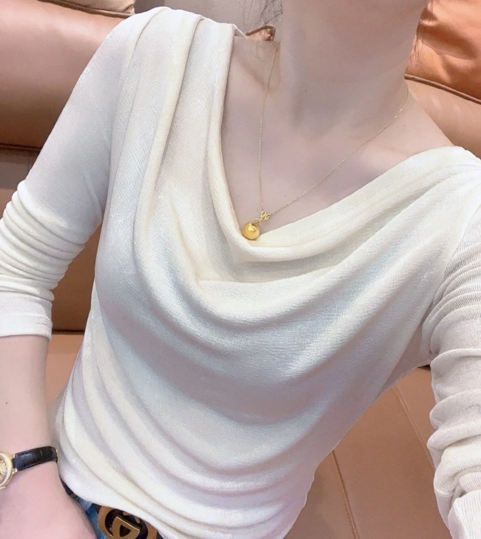 新款时尚设计女士堆堆领显瘦内搭洋气上衣长袖女装T恤套头斜肩