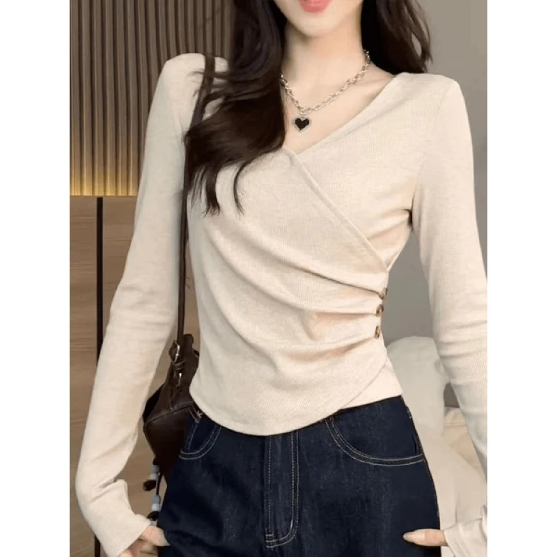 T恤女秋季2025春秋新款显瘦设计感独特别致斜肩打底可外穿上衣