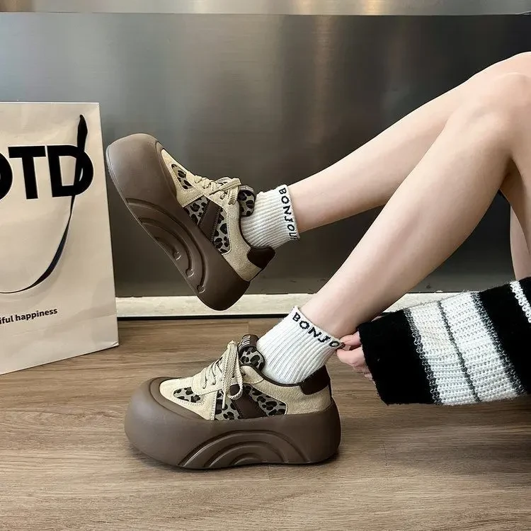 女鞋豹纹鞋子圆大头面包鞋厚底时尚百搭休闲鞋2024秋冬季新款增高