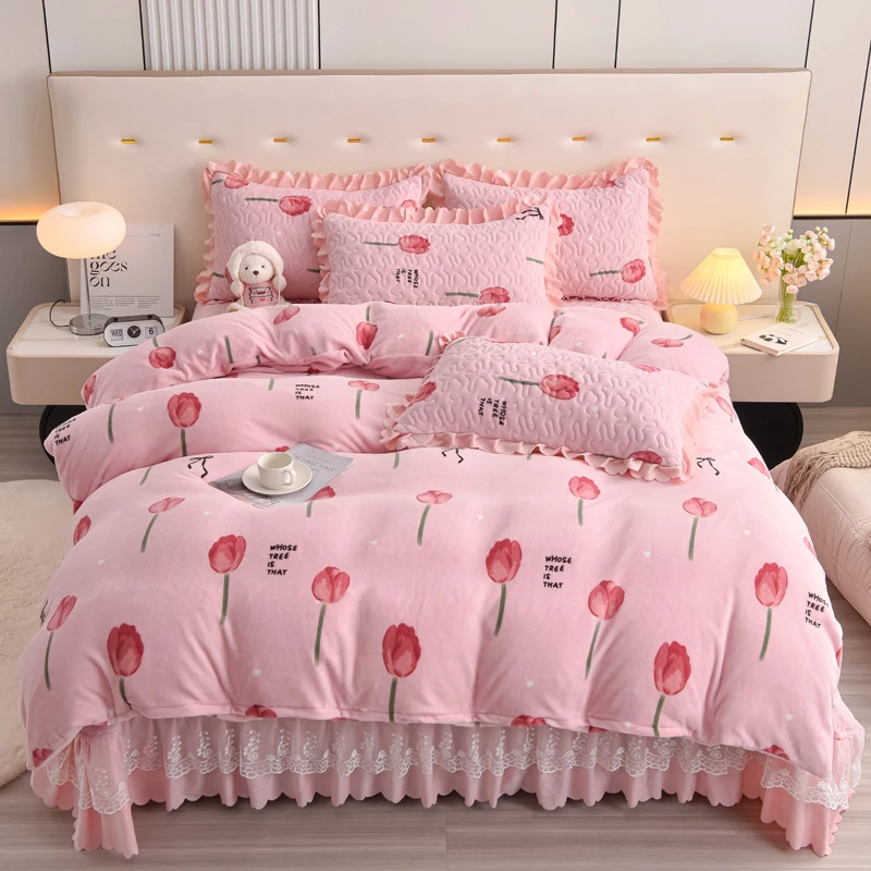 加绒韩式韩版床盖款加厚牛奶绒四件套三件套公主风保暖绒夹棉床盖