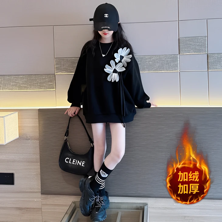 加绒卫衣上衣中大童洋气宽松大童韩版春秋圆领时尚长款百搭打底