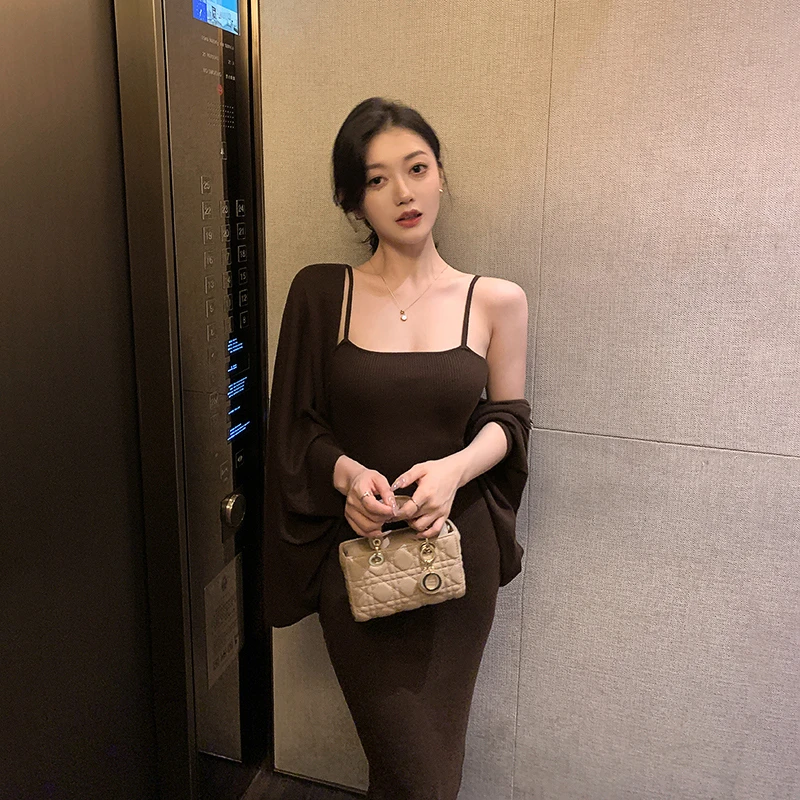 林关关咖色针织吊带连衣裙初秋气质套装92045+53715