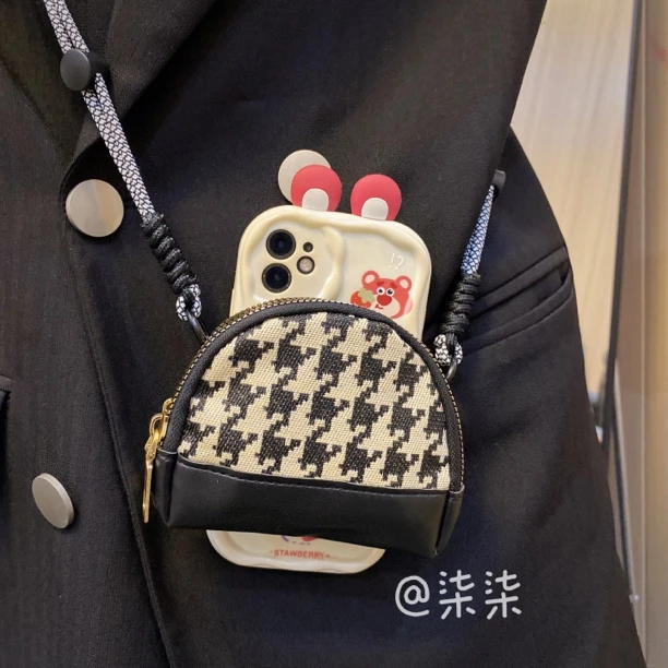 【钱包款背夹-不带壳】千鸟格气质手机背夹斜挎链手机型号通用