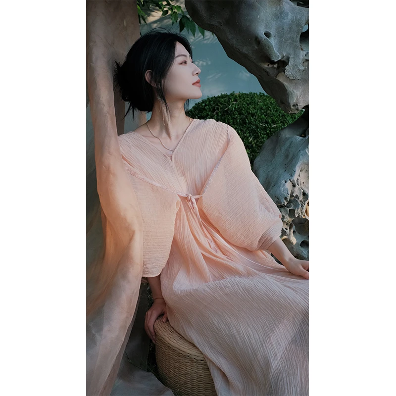 泊风【粉色泡沫】OZEN设计师原创复古中式裙子造型感气质长款连衣裙
