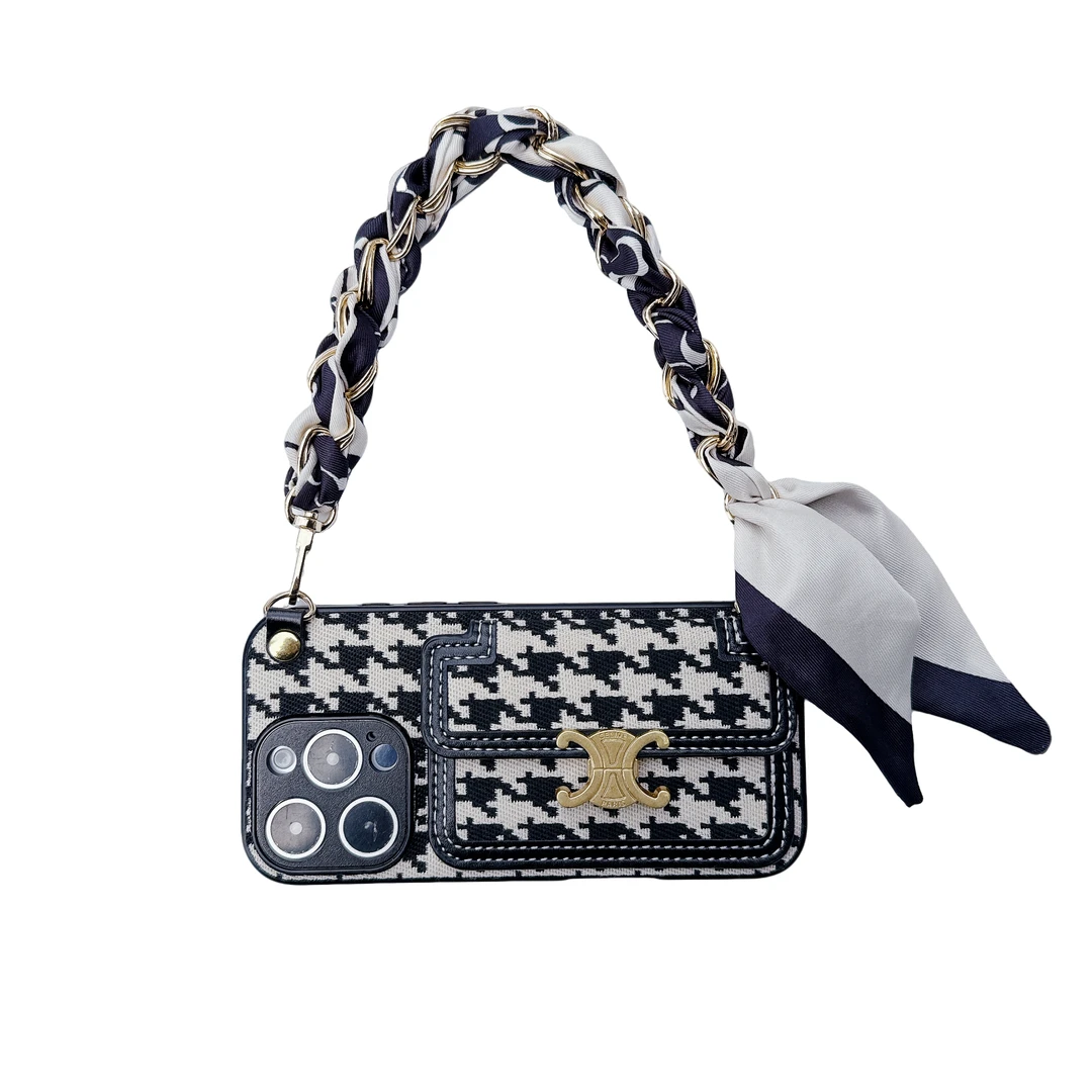 适用苹果华为荣耀小米三星OPPOVIVO手机壳斜挎可卡包保护套千鸟格