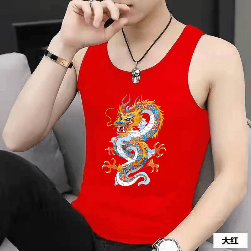 龙年本命年红背心男款棉质龙图案春节青少年大红色背心修身打底夏