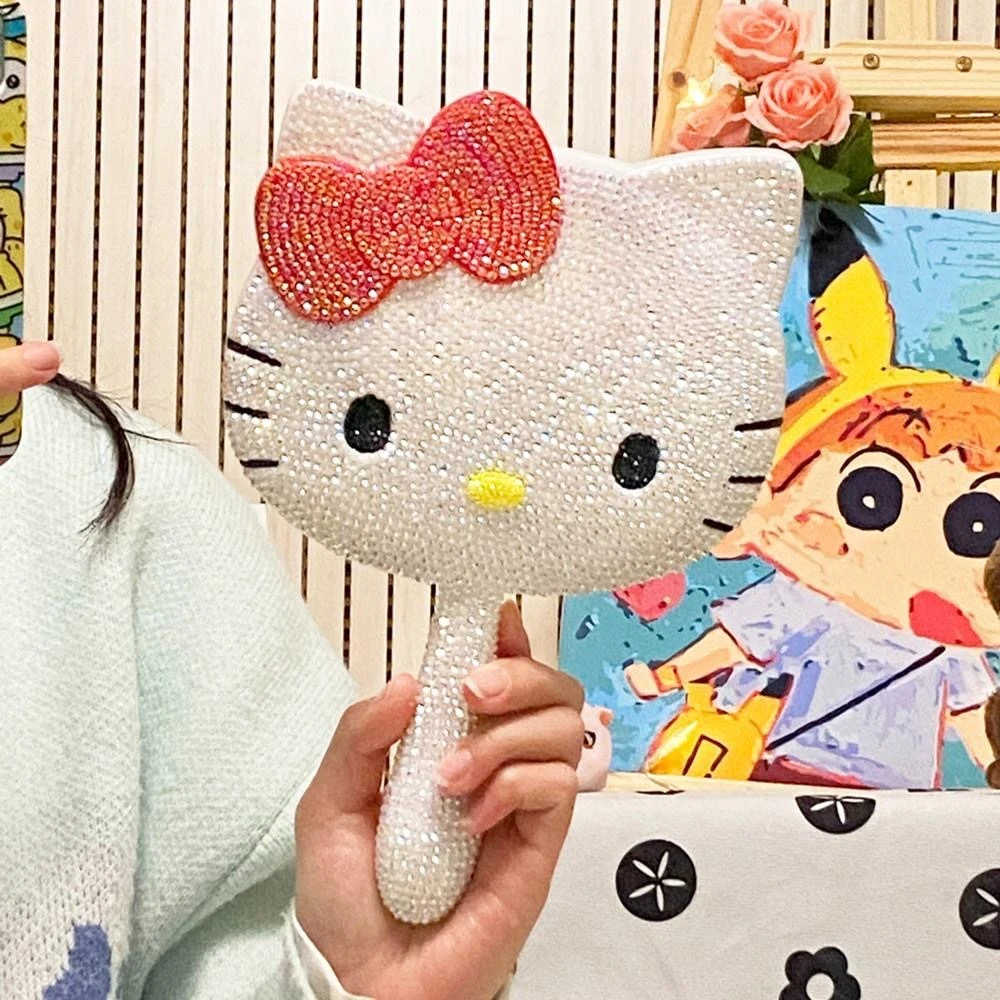 hellokitty镜子学生宿舍专用凯蒂猫diy贴满钻手持化妆镜网红爆款