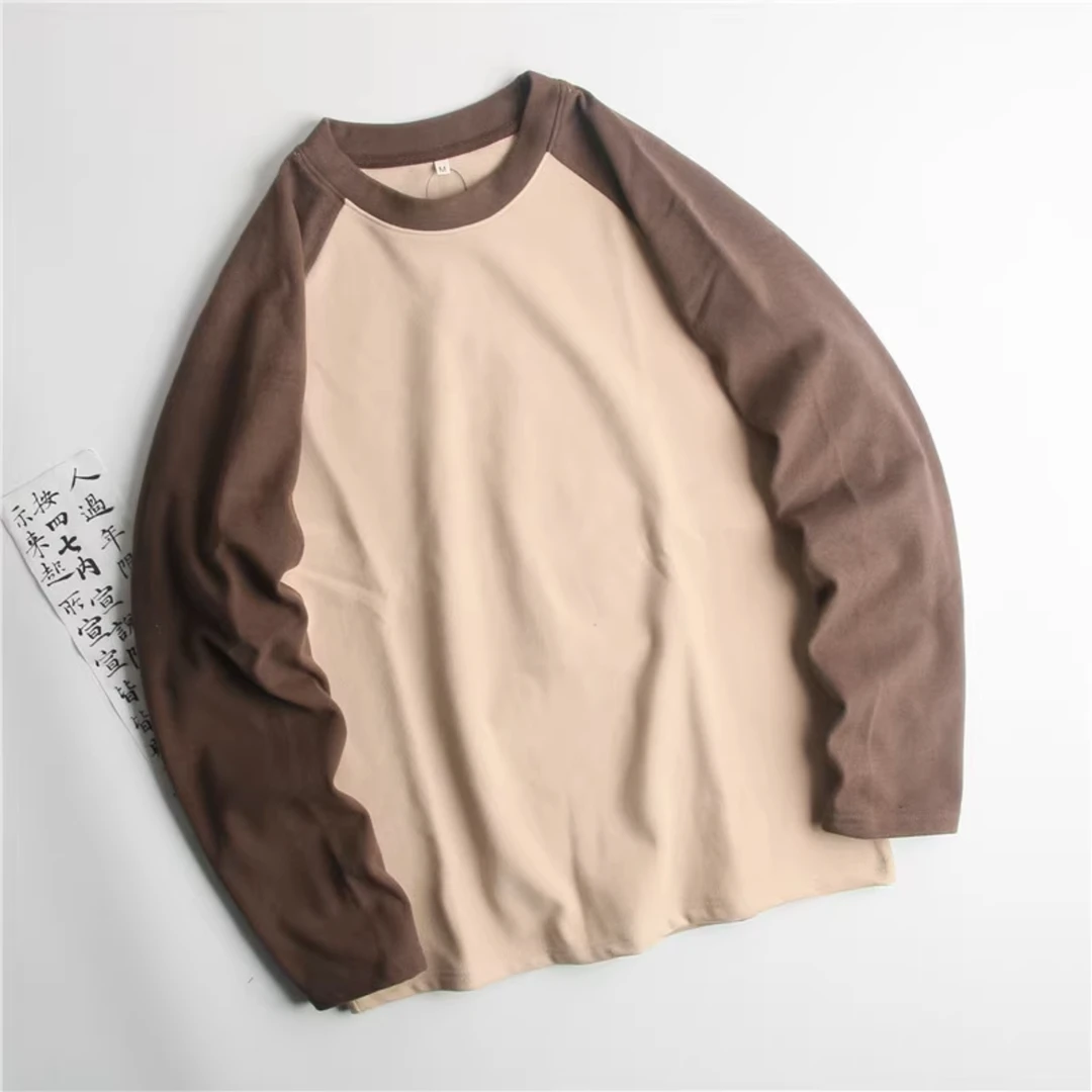 拼色长袖T恤情侣款秋冬内搭日系潮流百搭插肩袖双面德容加厚打底