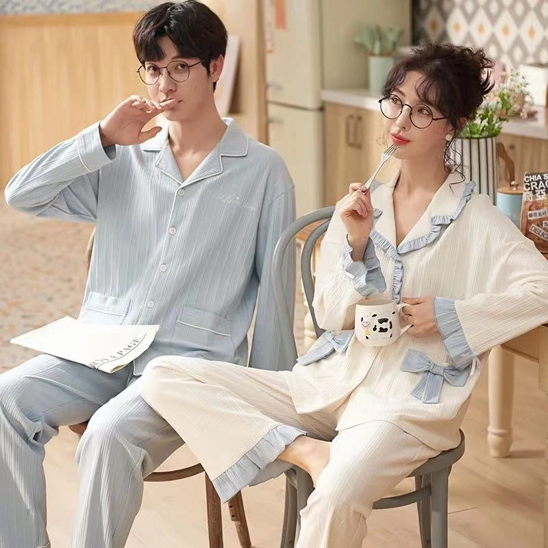 春秋情侣睡衣居家条纹长袖男士女韩版清新蝴蝶结薄款家居服套装