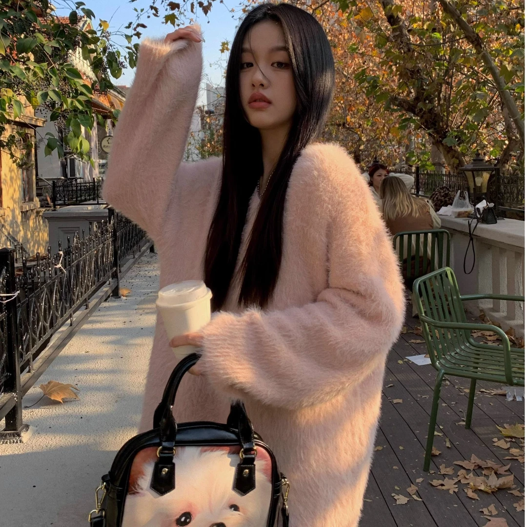 早秋冬季小众高级感宽松温柔韩系上衣软糯慵懒风粉色针织毛衣女装