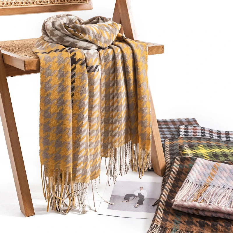 冬季新款千鸟格围巾时尚欧美通勤防寒围脖高级感加长保暖披肩学生