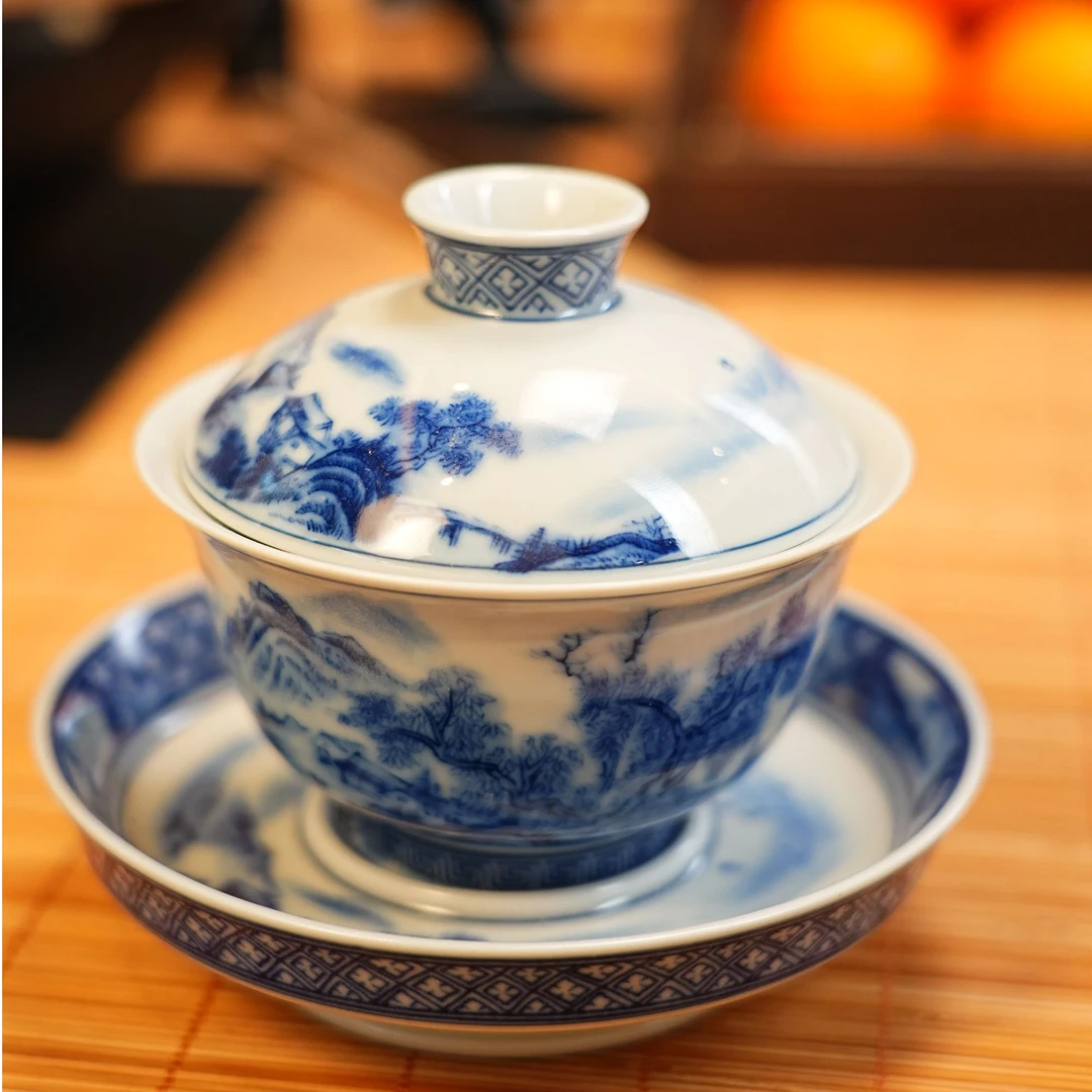 青花大号盖碗茶杯防烫单个家用泡茶盖碗 A11550