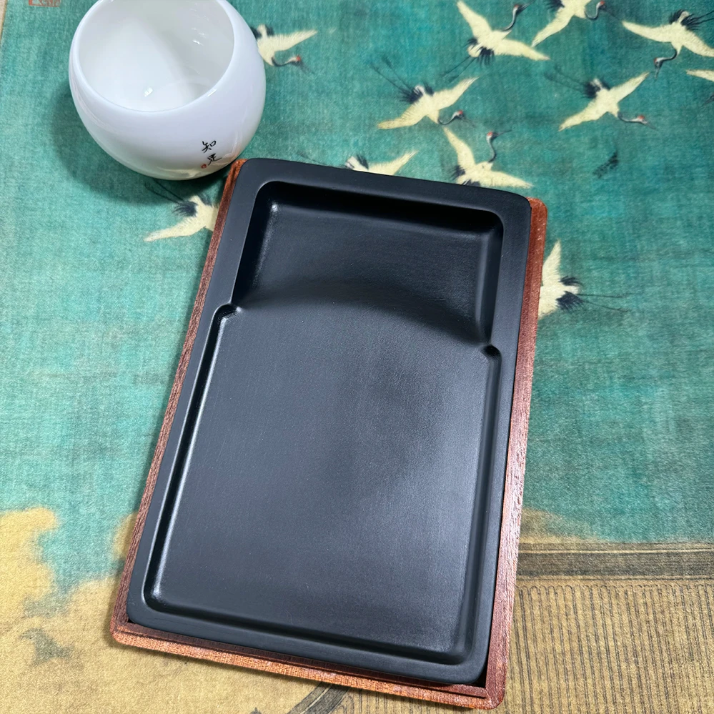 歙砚天然原石黑龙潭明式门子素砚中楷大字实用黑色砚台配实木盒