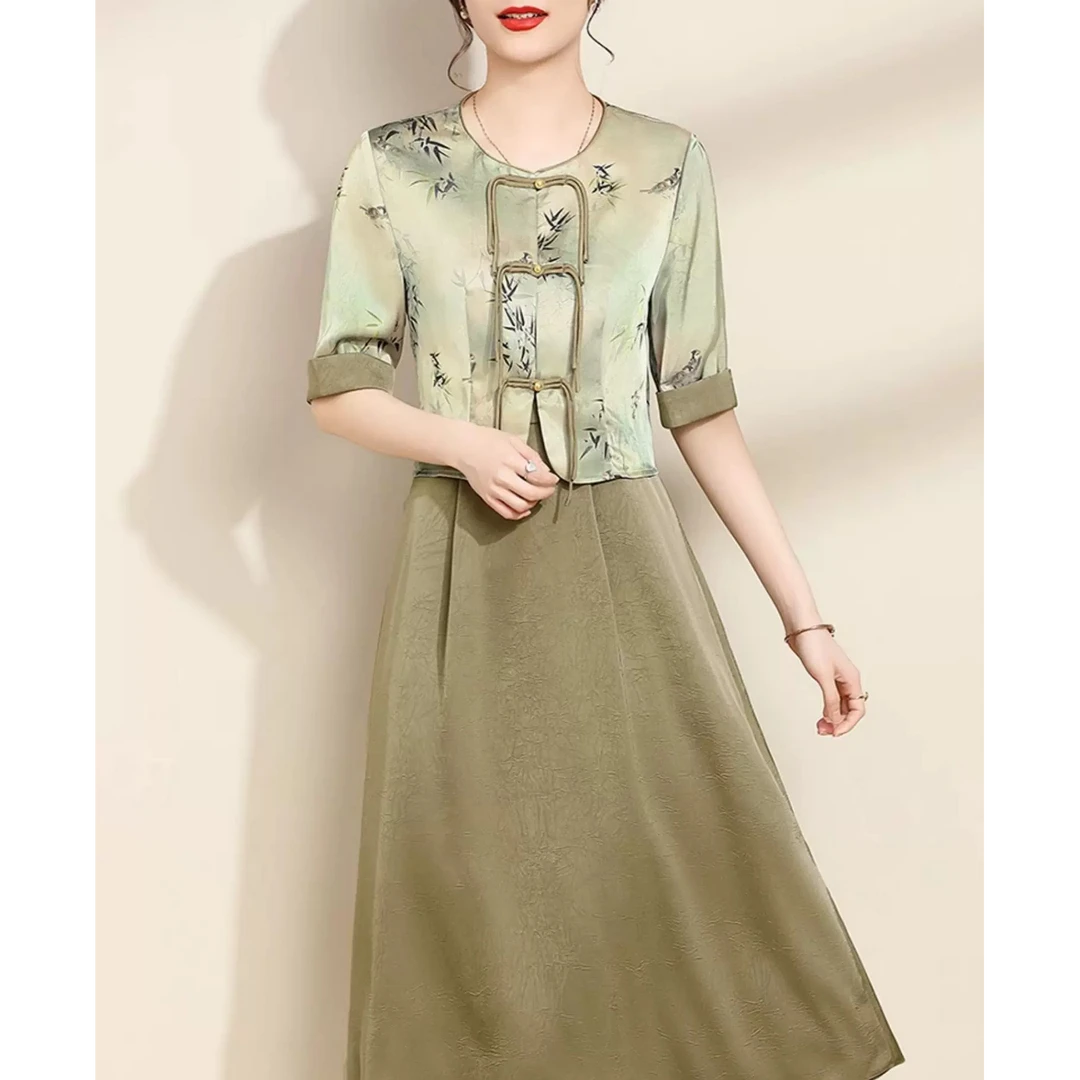 383中式女装中国风妈妈夏装新款连衣裙套装中老年贵夫人夏季裙子