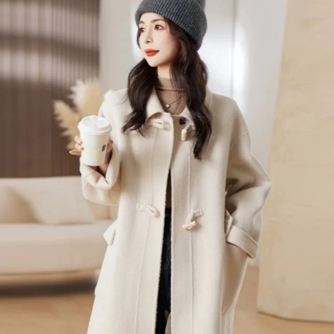 M808 双面呢大衣女士秋冬季直筒牛角扣韩版宽松赫本风休闲百搭