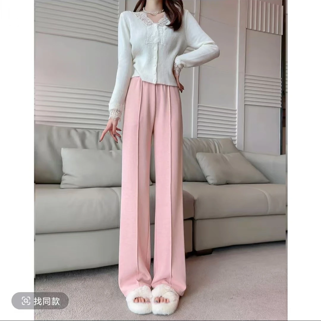 2024秋冬羊毛裤窄版百搭显瘦直筒阔腿宽松垂感休闲裤女8889