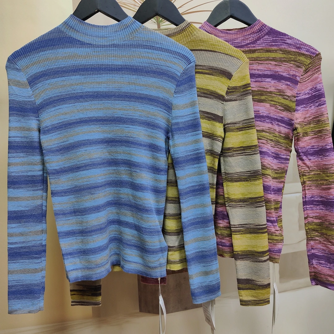 99612-1新款时尚半高领撞色拼接条纹套头百搭打底衫针织衫毛衣