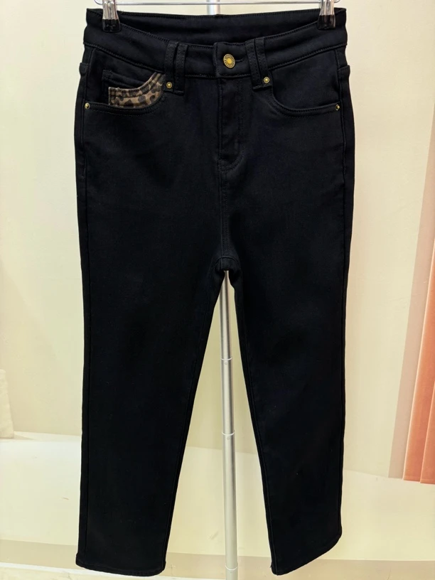 2006#新款时尚显瘦加绒加厚保暖一粒扣豹纹拼接九分烟管裤牛仔裤