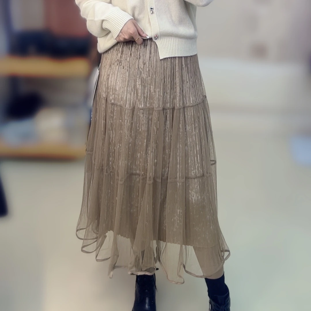 5328#新款时尚丝绒+网纱两层松紧带显瘦百搭A版半身裙