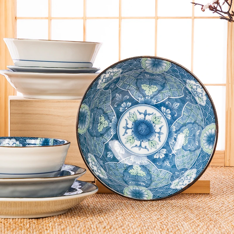 清仓！彩唐草日式釉下彩碗盘餐具易清洗田园风米饭碗陶瓷餐具碗