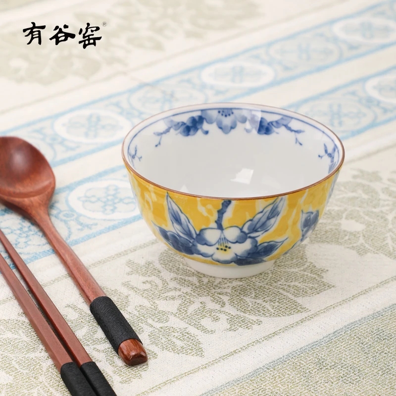 黄彩花纹陶瓷饭碗日本进口釉下彩复古家用陶瓷精致米饭碗吃饭碗